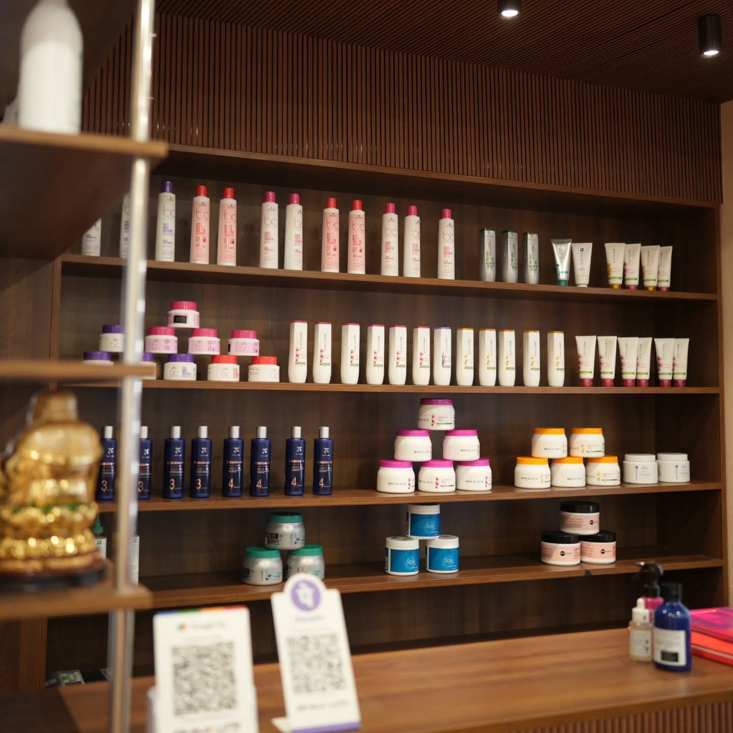 Professional hair care product display at Beauty Stories